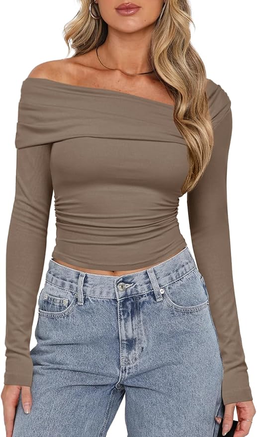 Darong Women's Off Shoulder Tops Y2K Shirt Slim Fit Ruched Crop Top Long Sleeves Spring Fall Blouse Going Out Shirt