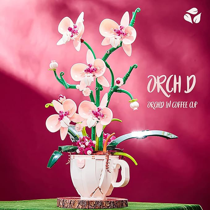 iixeal Pink Orchid Flower Building Set for Adults, Coffee Cup Orchid Botanical Collection Plant Building Kit, Home and Office Decor Gift for Christmas Day, Valentines, Birthday 567pcs