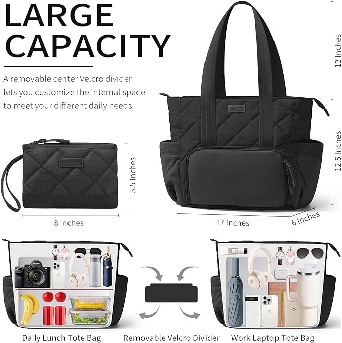 Puffer Lunch Tote Bag for Women, 15.6 Inch Laptop Work Bag with Insulated Lunch Compartment & Large Cup Holder, Lightweight Quilted Puffy Lunch Box Purse for Teacher Nurse Travel Office Daily School