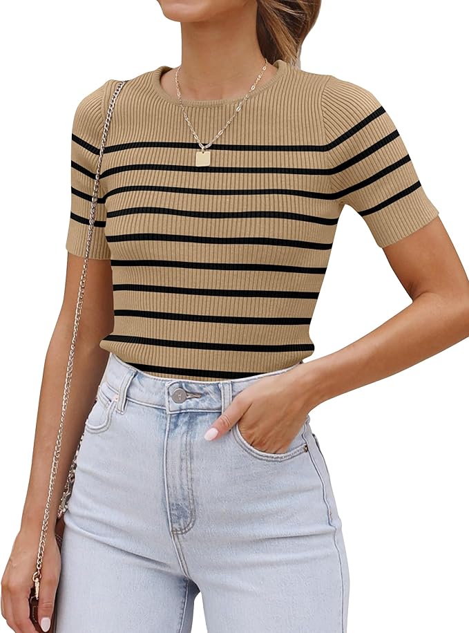 ZESICA Women's Short Sleeve Crewneck Striped T Shirt 2026 Summer Ribbed Knit Slim Fit Casual Basic Tee Tops