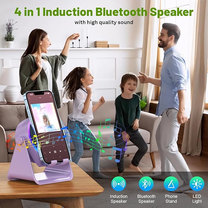 Wireless Induction Speaker, 4 in1 Phone Stand Bluetooth Speaker Amplifier with Colorful Ambient Light 360° Rotation Holder for Tablet iPhone Android,Portable Gifts for Adults Teens (Purple)