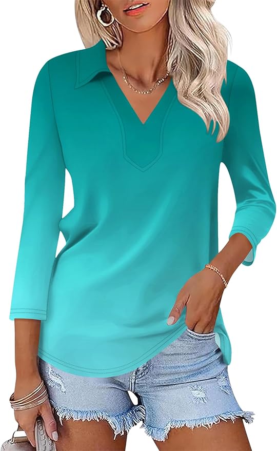 LOMON 3/4 Length Sleeve Womens Tops 2026 Spring Summer Collared Polo Shirts V Neck Casual Basic Polos Tees Shirt