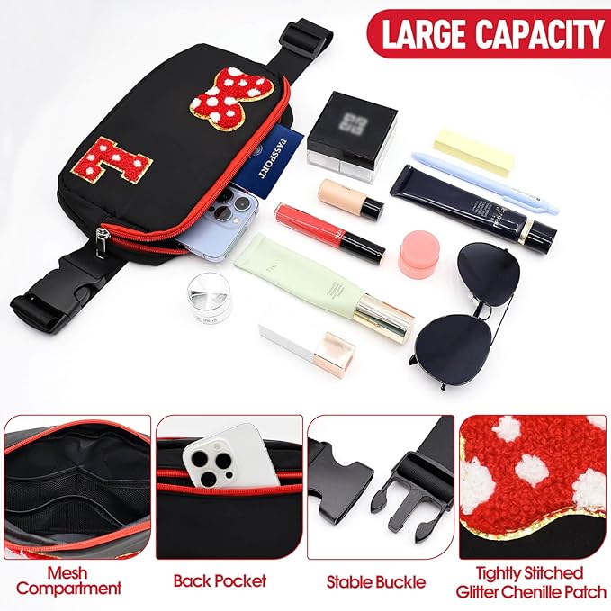 Chenille Initial Letter Bow Mouse Fanny Pack, Waterproof Park Crossbody Bag Christmas Birthday Gifts for Teen Girls Daughter Women Kids Adults, Cute Belt Bag Must Haves for Park Travel (L, Black)