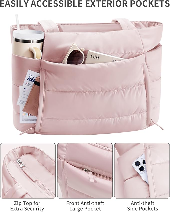 Puffer Tote Bag for Women, Lightweight Puffy Work Handbag Teacher Nurse Quilted Shoulder Bag for School Travel Gym | Quilted, with Zipper, Daily Carry On Bags, Comfy College Bags, 15.6" Laptop Sleeve, Cup Holder Pocket, Portable, Spacious