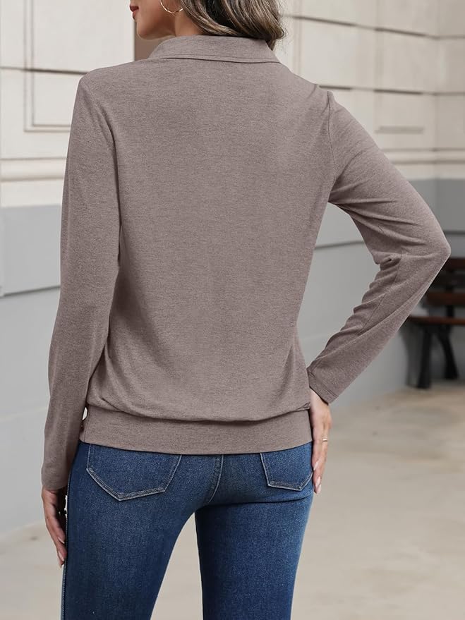 Womens Polo Shirts Long Sleeve Banded Bottom Tops Business Casual Tops Collared V Neck Blouses