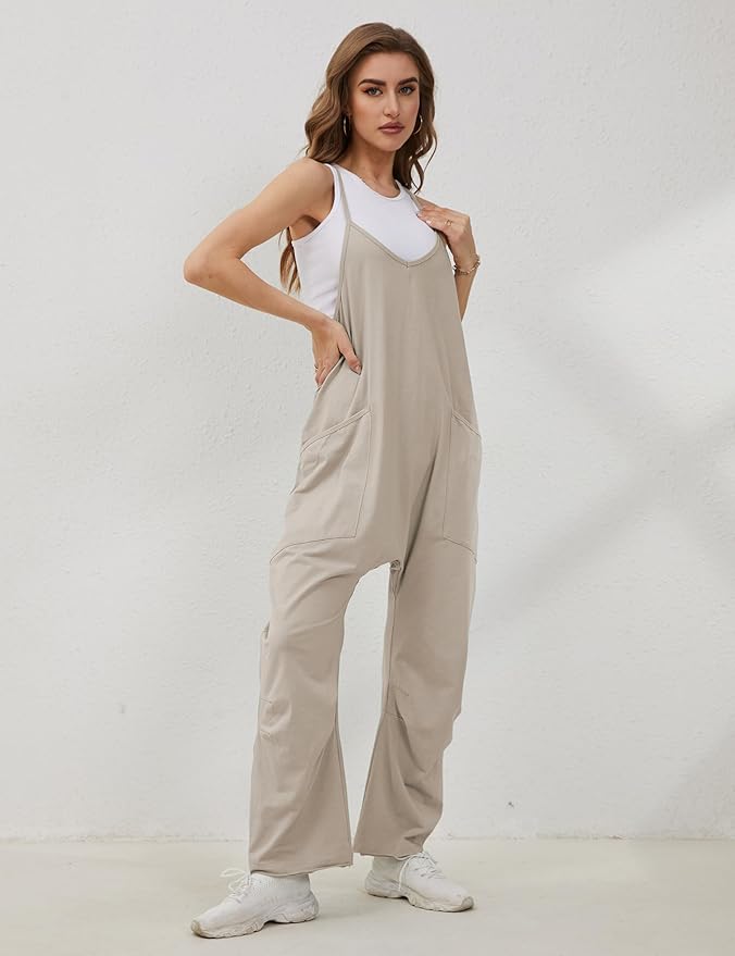 Lentta Women's Causal Jumpsuits V Neck Sleeveless Harem Overalls Stretchy Adjustable Strap Romper with Pockets