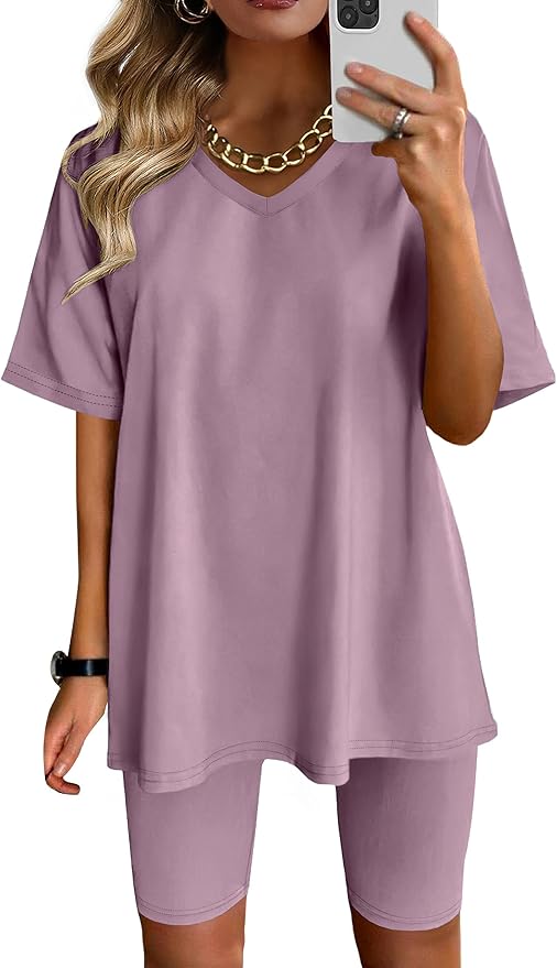 AGSEEM Two Piece Outfits For Women Summer V Neck T-Shirt Tops Biker Shorts Workout Sports Tracksuit