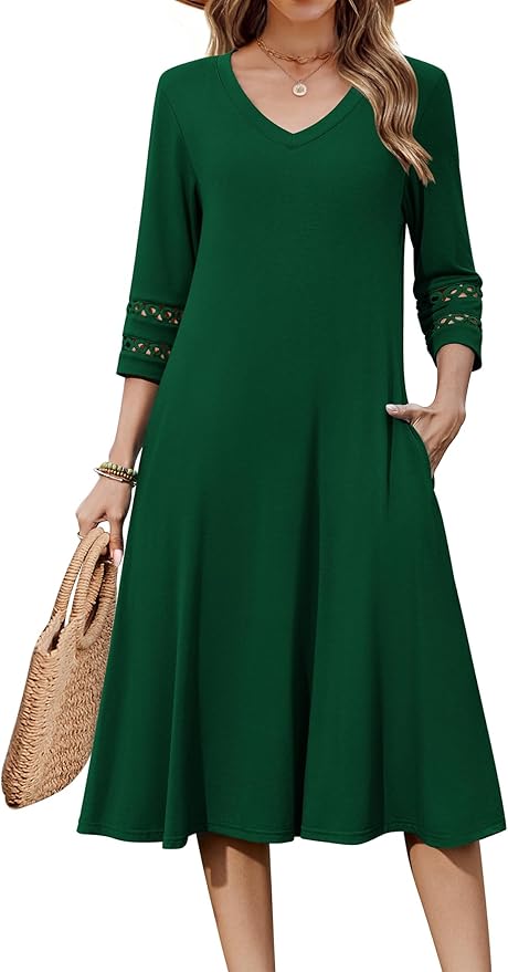 Zeagoo Women's Dresses 3/4 Sleeve Summer Casual V-Neck A Line Flowy Eyelet Midi Dress for Women Beach Vacation Sundress