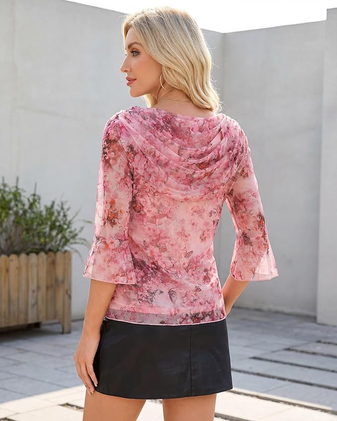 Lotusmile Blouses for Women Dressy Casual 3/4 Sleeve Cowl Neck Sparkly Tops Cocktail Shirts for Evening Party