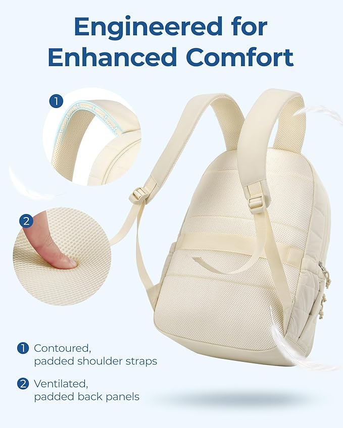 BAGSMART College Laptop Backpack, Travel Laptop Backpack for Women, Quilted Casual Daypack, Water-Resistant Bookbag for 15.6 Inch Laptop, Beige
