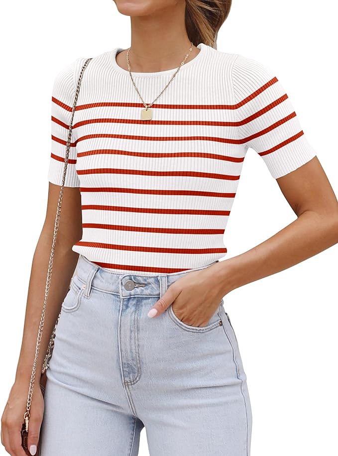 ZESICA Women's Short Sleeve Crewneck Striped T Shirt 2026 Summer Ribbed Knit Slim Fit Casual Basic Tee Tops