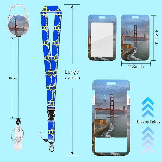 Id Badge Holder with Breakaway Lanyard Bridge View san Francisco Badge Reel Retractable Heavy Duty and Detachable Name Tag Clips Lanyards for Id Badges, Nurse Teacher Office Gifts