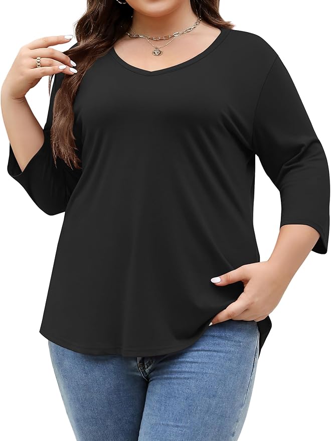TFSDOD Womens Plus Size Tops V Neck T Shirts 3/4 Sleeve Blouse Summer Casual Tees XL-5X