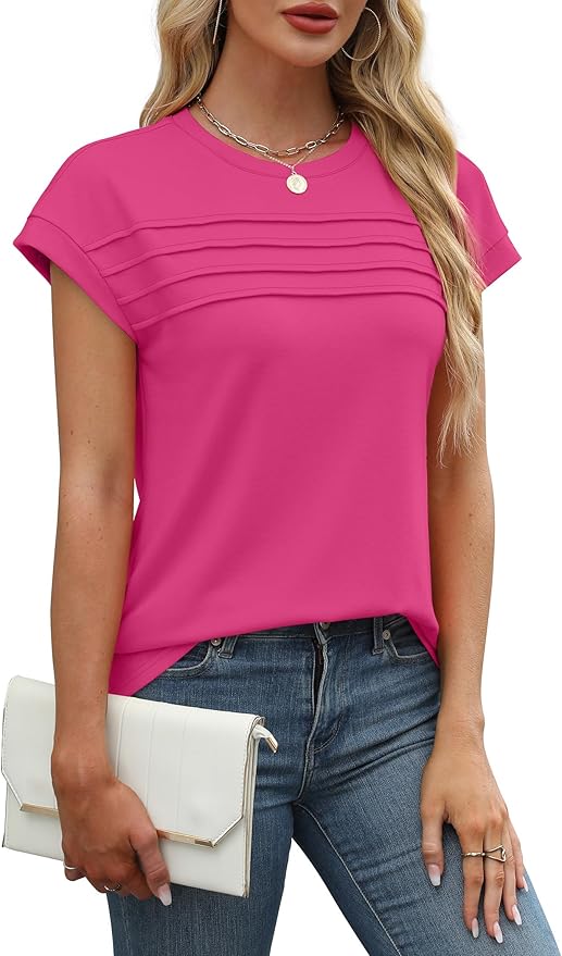 WEESO Womens Summer Tops Trendy 2026 Cap Sleeve T Shirts Crew Neck Pleated Front Beach Vacation Clothes Fashion