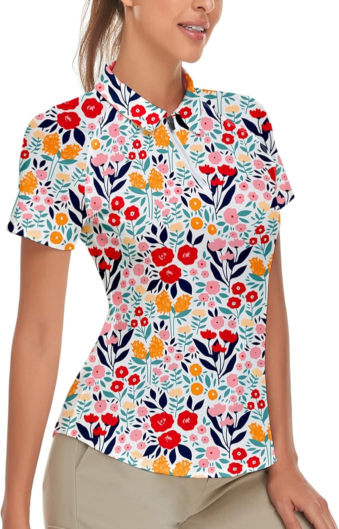 Women's Golf Shirt Short Sleeve Tennis Shirt Quarter Zip Golf Pullover Golf Polo Shirts Argyle Tops