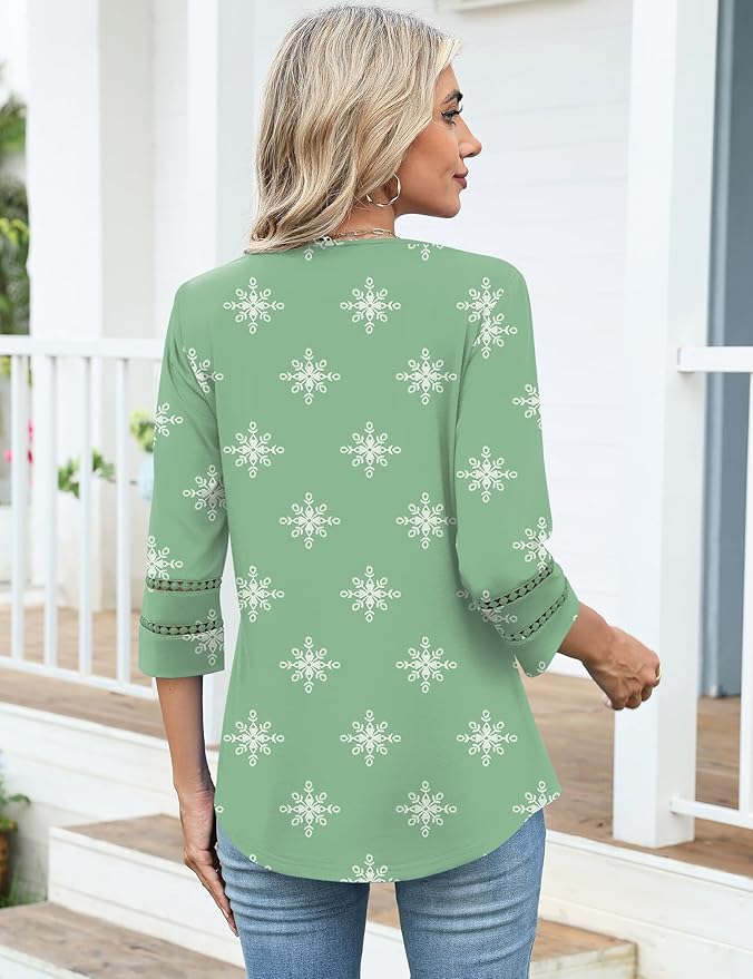 Ivicoer 3/4 Length Sleeve Womens Tops V Neck Lace Embroidered Summer Blouses Loose Fit Tunic Dressy Casual