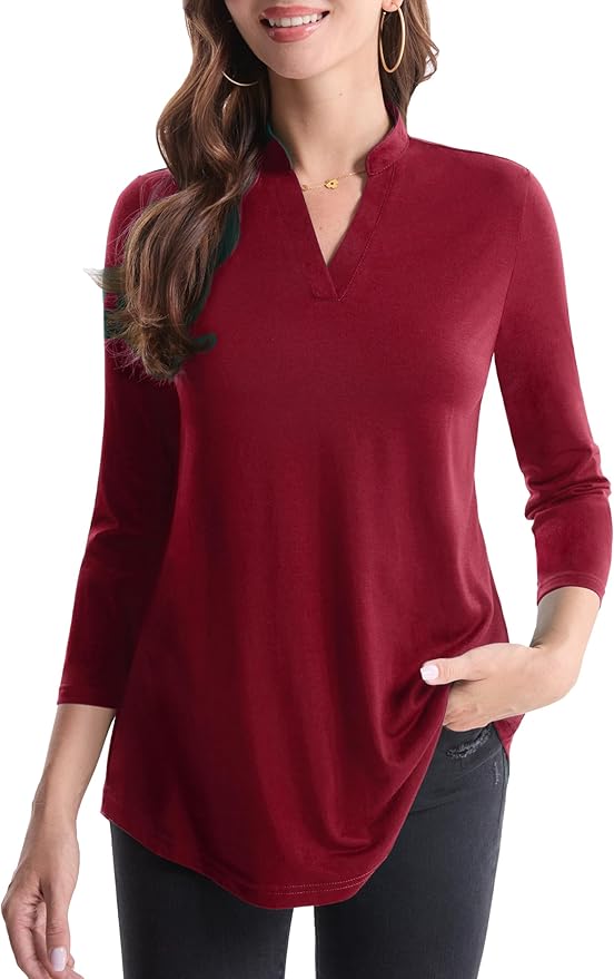 BAISHENGGT 3/4 Sleeve Tops for Women Notch V Neck Floral Work Blouses Dressy Casual Loose Fit Going Out Tunic Tops