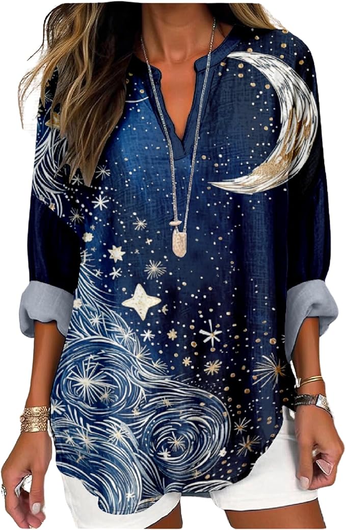 MARSVOVO V Neck Shirt For Women Boho Multi Style Blouse Long Sleeve Novelty Graphic Plus Size Pullover Tops For Women