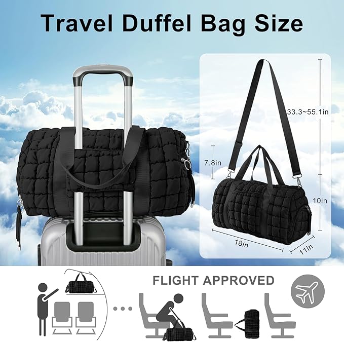 Quilted Travel Duffle Bag Gym Bag for Women,Large Puffer Duffle Weekender Bag with Compartment,Workout Overnight Carry on Organizer Bag Duffle Bag for Airplane Travel(Black)
