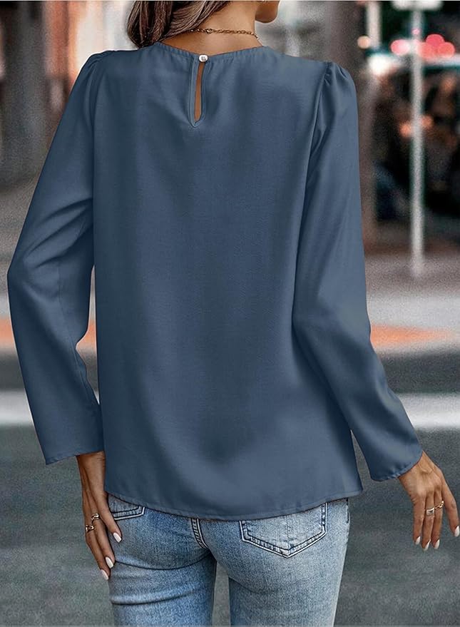 Samefar Womens Tops Dressy Casual Pleated Crew Neck Long Sleeve Shirts Office Work Chiffon Blouses
