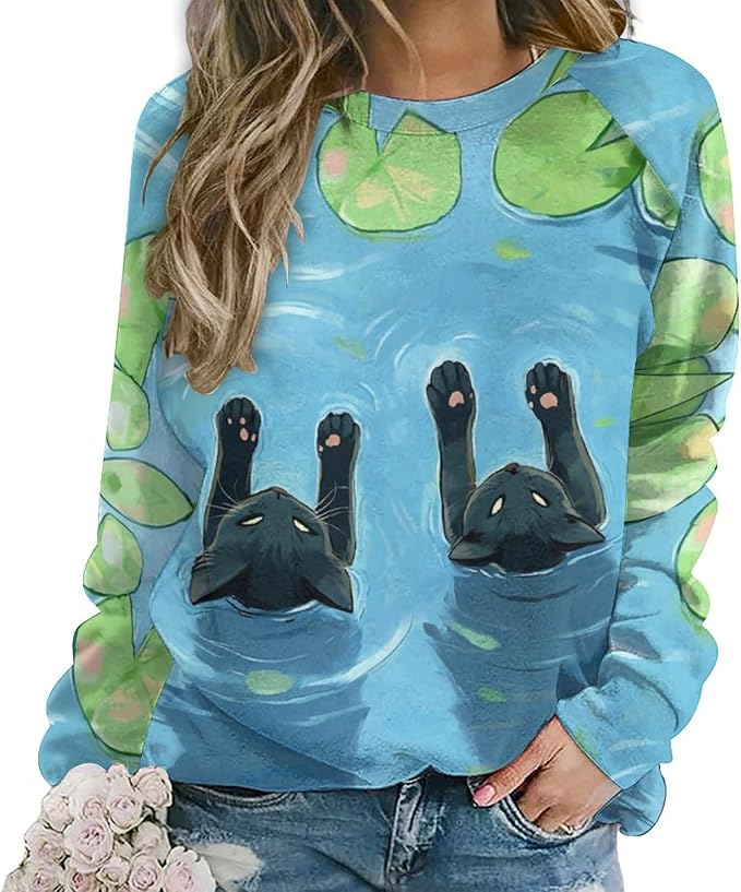Spatofa Womens novelty funny cat printed crewneck sweatshirt casual loose long sleeve graphic pullover sweatshirts tops
