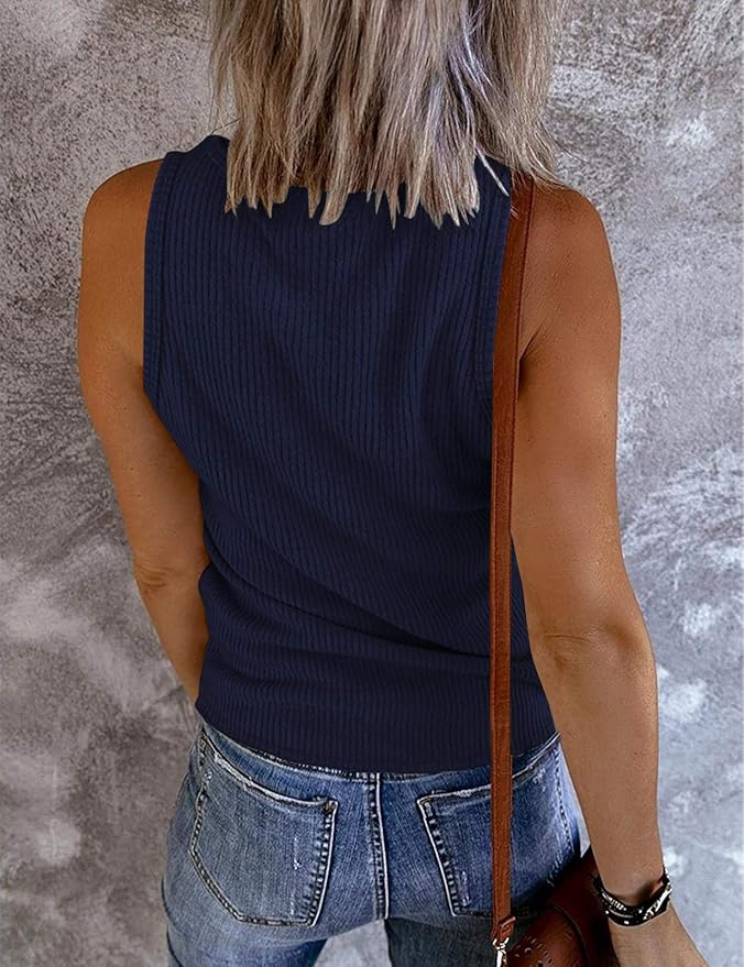 MEROKEETY Women's 2026 Summer Sleeveless Tank Tops V Neck Ribbed Dressy Casual Henley Shirts Button Loose Cami Tees