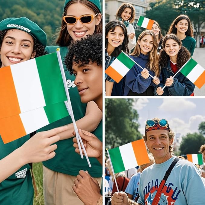 20 Pack Small Ireland Flags on Stick Mini Handheld Irish Flag for Parades, Independence Day and Patriotic Events 5x8 Inch Durable Weather-Resistant Flags with 12 Inch Sticks(Ireland)