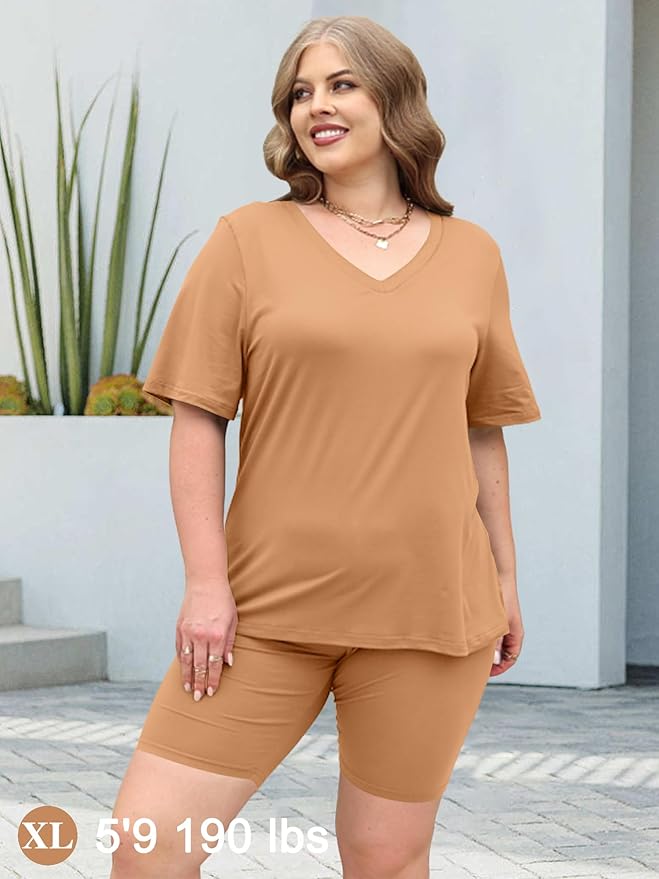 AGSEEM Two Piece Outfits For Women Summer V Neck T-Shirt Tops Biker Shorts Workout Sports Tracksuit