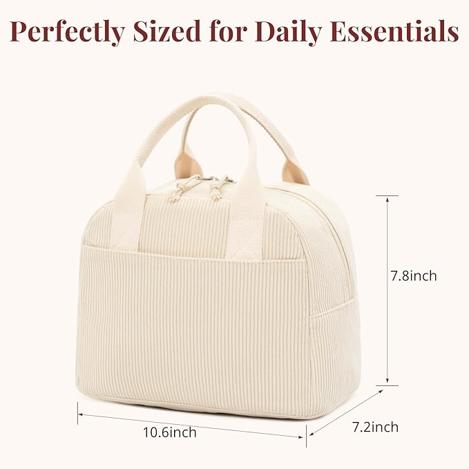 Insulated Cream Beige Lunch Bag for Women, Stylish Corduroy Tote with Aluminum Lining, Large Capacity Reusable Cooler for Work, Travel, or Beach, Beige Cream Water-Resistant Lunch Box