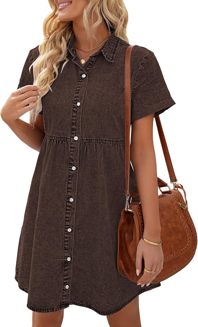LookbookStore Women's Short Sleeve Button Down Flowy Tiered Babydoll Denim Dress