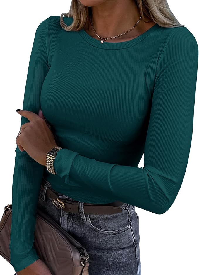 Roselux Womens Long Sleeve Stretch Crewneck Ribbed T-Shirt Fitted Casual Basic Tops
