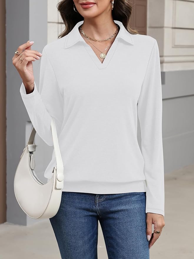 Womens Polo Shirts Long Sleeve Banded Bottom Tops Business Casual Tops Collared V Neck Blouses