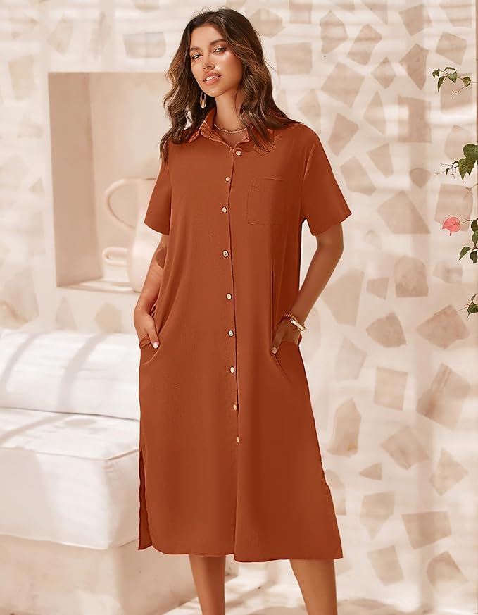 Zeagoo Women Dresses Summer Casual Short Sleeve Button Down Shirt Dresses 2025 Beach Cover Up with Pockets