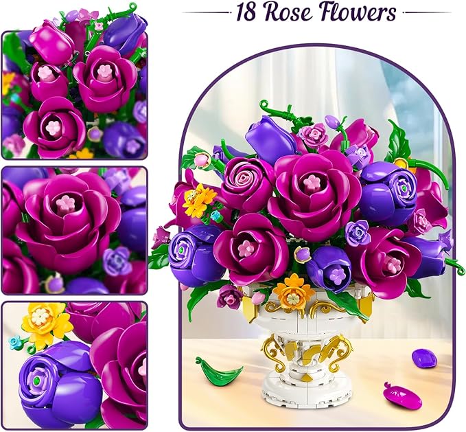 PLAXSOON Purple Rose Flower Building Set with Vase, 969 PCS Botanicals Flowers Bouquet Building Block Kit, 18 Roses Bonsai Collection Home Decor, Valentine's Day Gift for Adults Women Boys Girls 12+