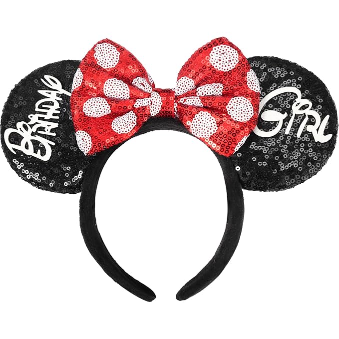 ETLUK Mouse Ears Headband, Mouse Ears Sequin Bow Headbands for Women Girls, Birthday Party Decorations (Birthday Girl)