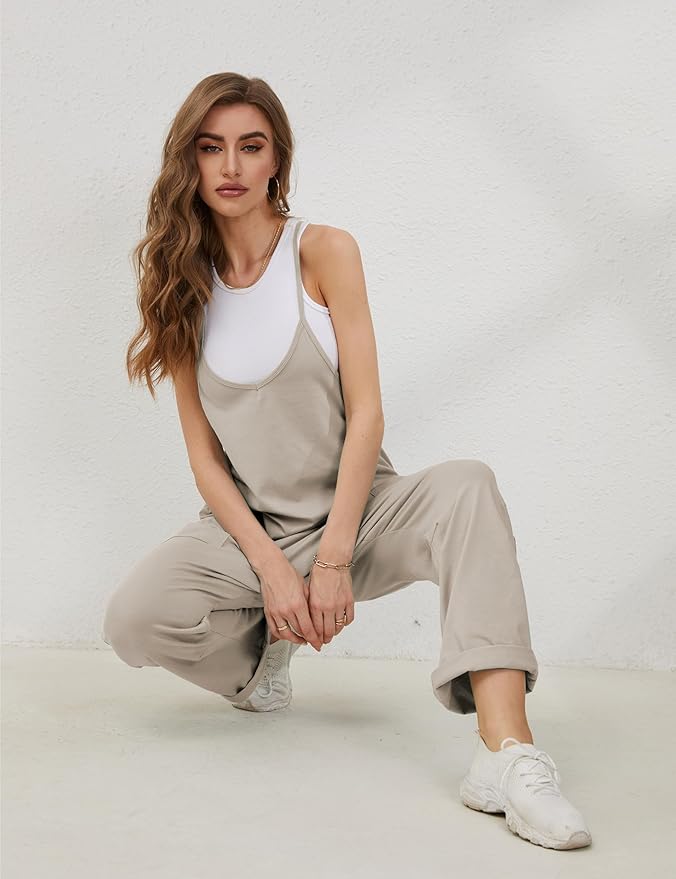 Lentta Women's Causal Jumpsuits V Neck Sleeveless Harem Overalls Stretchy Adjustable Strap Romper with Pockets