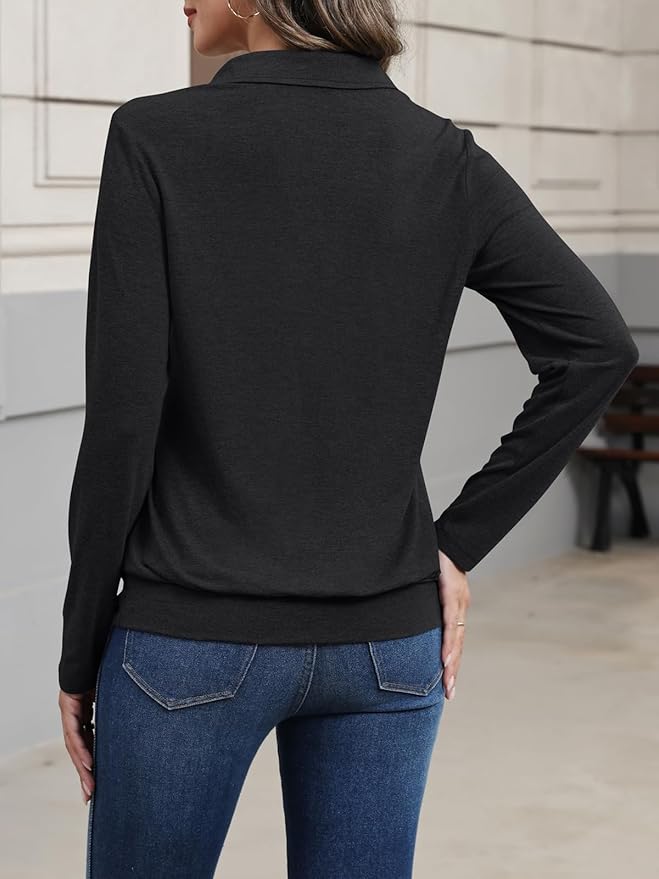 Womens Polo Shirts Long Sleeve Banded Bottom Tops Business Casual Tops Collared V Neck Blouses