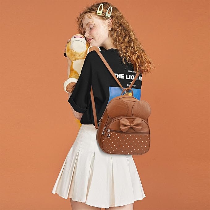 KL928 Girls Mini Backpack Bowknot Polka Dot Cute Daypacks Convertible Shoulder Bag Purse for Women (Brown)