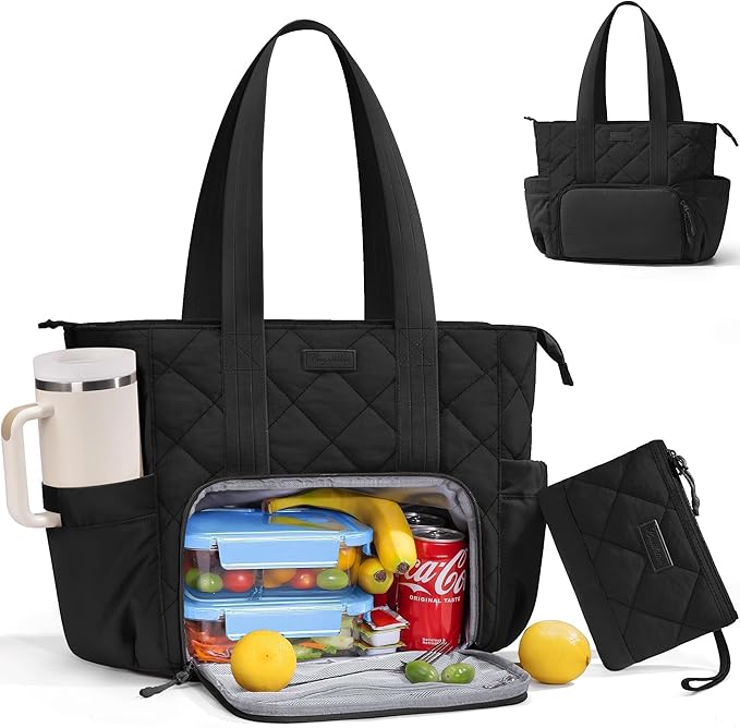 Puffer Lunch Tote Bag for Women, 15.6 Inch Laptop Work Bag with Insulated Lunch Compartment & Large Cup Holder, Lightweight Quilted Puffy Lunch Box Purse for Teacher Nurse Travel Office Daily School