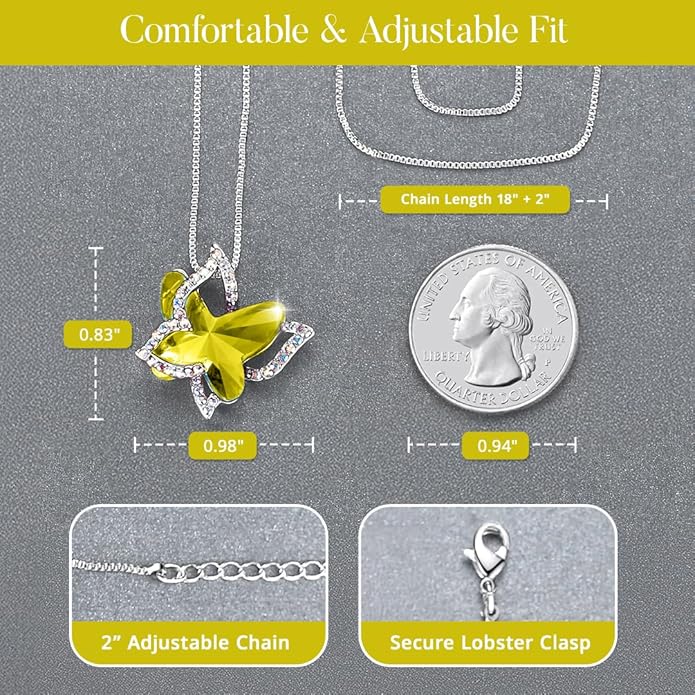 GEMMANCE Gift Butterfly Birthstone Crystal Necklace, Silver Tone with 18”+2” Chain, Necklace for Mother’s Day Anniversary Birthday Gifts for Women and Daughter, Valentine's Day