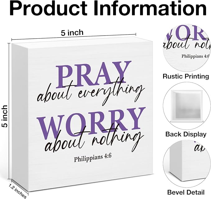 Purple Desk Decor, Christian Gifts for Women Friends, Pray About Everything Worry About Nothing Wood Sign for Home Office Prayer Room Decor