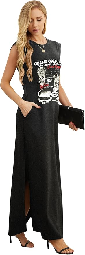 GRECERELLE 2026 Women Year-Round Casual Round Neck Loose Split Wrinkle-Free Long Maxi Vacation Dress with Pockets (XXS-4XL)