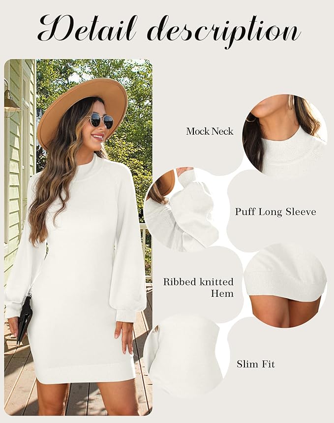 GRECERELLE 2026 Women's Mock Neck Ribbed Long Sleeve Bodycon Pullover Cute Mini Sweater Dress (XS-2XL)