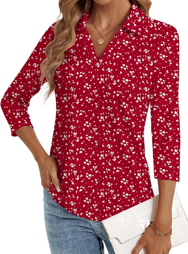3/4 Length Sleeve Womens Tops Dressy Casual V Neck Polo Shirts Business Work Blouses 2025 Trendy Tunic Top