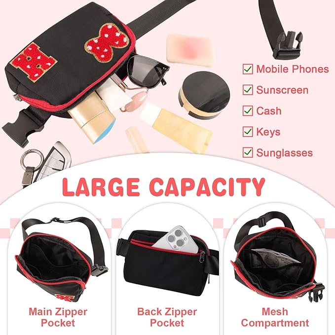 Initial Letter Bow Mouse-Ear Fanny Pack for Teen Girls,Cute Chenille Belt Bag Crossbody Travel Waist Pack for Women&Kids,Personalized Gift for Theme Park,School & Travel, Birthday Christmas(H)