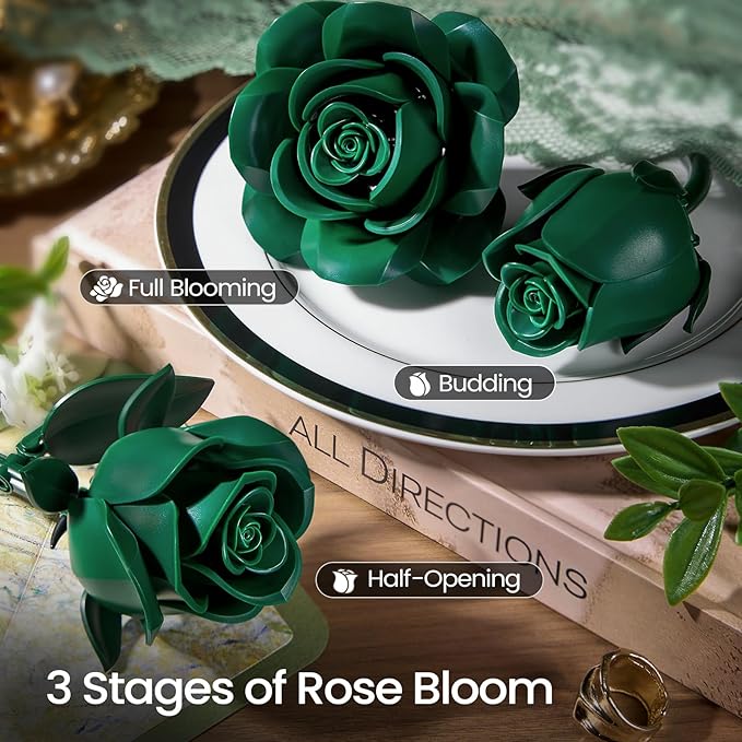 iATOM Green Rose Bouquet Building Set, 12Pcs Fake Flowers Botanical Collection for Adult, Valentine's Day Gift for Her/Girlfriend/Mom/Wife/Couple, Vintage Home Office Table Centerpiece Decor Aesthetic