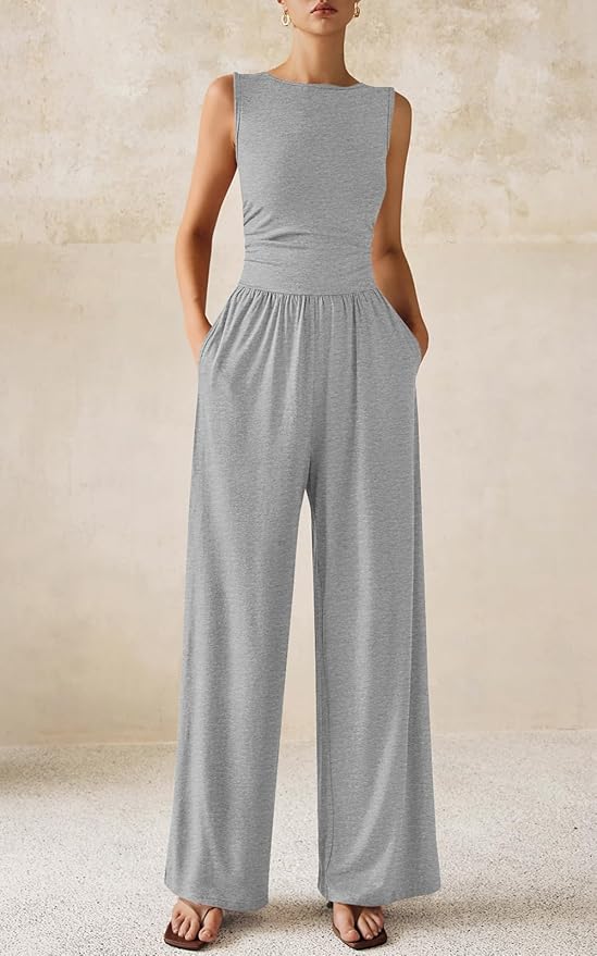 PRETTYGARDEN One Piece Jumpsuits for Women Dressy Casual Sleeveless Crewneck Wide Leg Rompers Jumpers Vacation Summer Outfits
