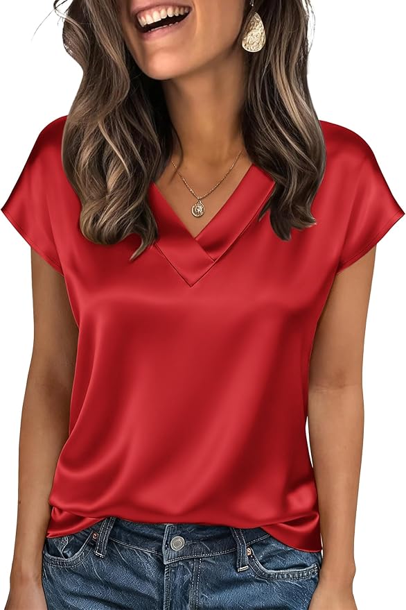 Zeagoo Women Silk Satin Tops Cap Short Sleeve Blouse V Neck Shirts Business Casual Outfits S-2XL