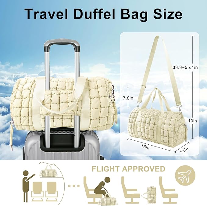 Quilted Travel Duffle Bag Gym Bag for Women,Large Puffer Duffle Weekender Bag with Compartment,Workout Overnight Carry on Organizer Bag Duffle Bag for Airplane Travel(Off-white)