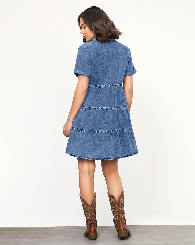 LookbookStore Women's Short Sleeve Button Down Flowy Tiered Babydoll Denim Dress